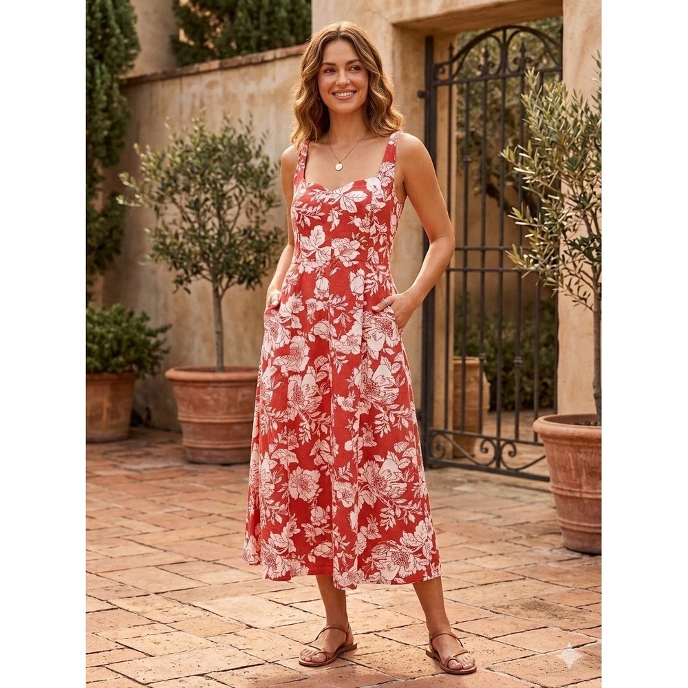 Old Navy Women's M Midi Sun Dress Floral Linen Blend Smocked Back Pockets Coral